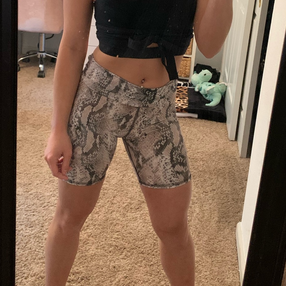 Snakeskin biker shorts.
